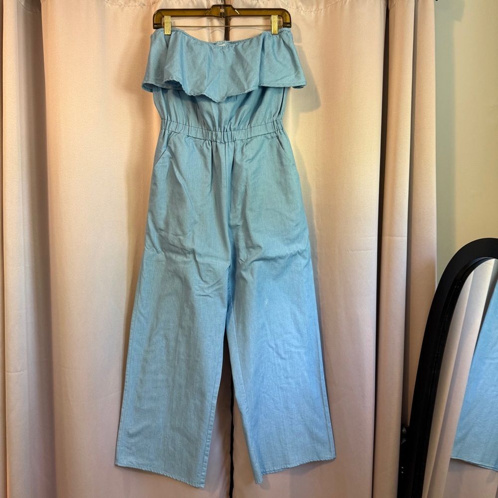 Blue Strapless Jumpsuit with Ruffled Top and Wide-Leg Pants
